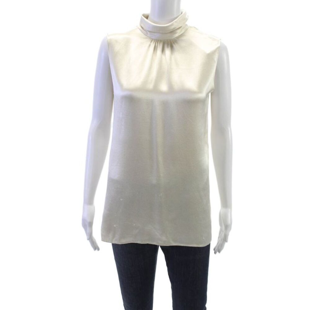 Agnona Women Blouse Ivory Satin Mock Neck Sleeveless Size S
